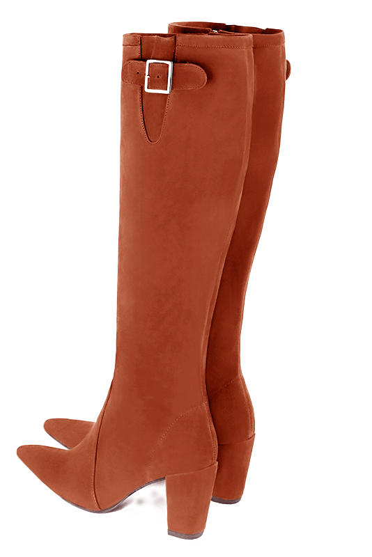 Terracotta orange women's knee-high boots with buckles. Tapered toe. High block heels. Made to measure. Rear view - Florence KOOIJMAN